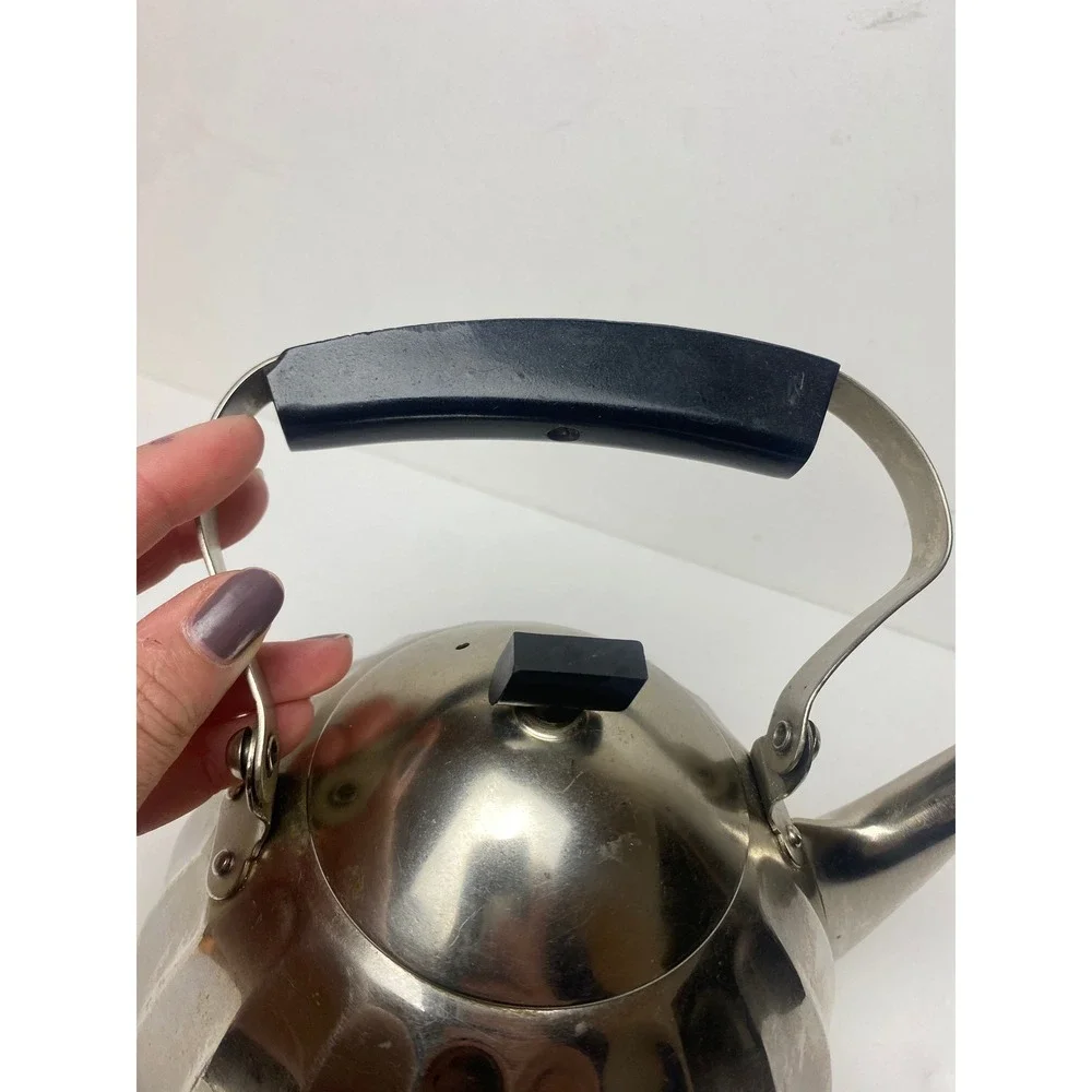 Vintage Soviet USSR Tea Kettle Nickel Plated Bronze Bakelite Handle Melon Shape